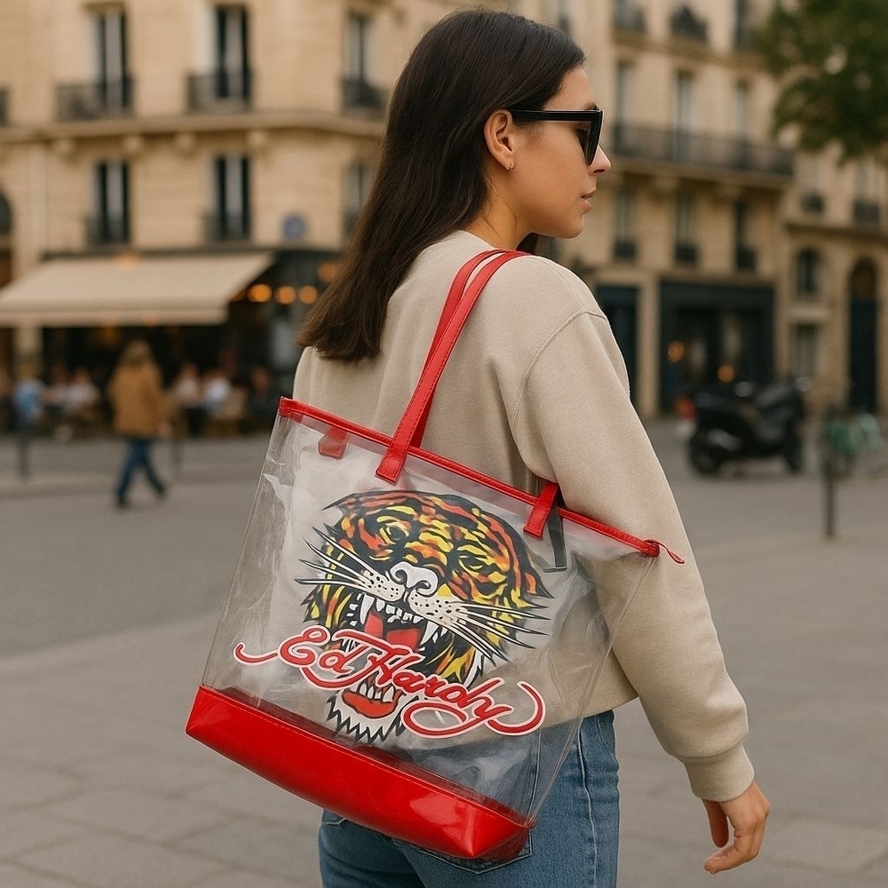 Ed Hardy Tiger PVC Tote Bag – Clear Red See-Through Y2K Statement Piece – NWT